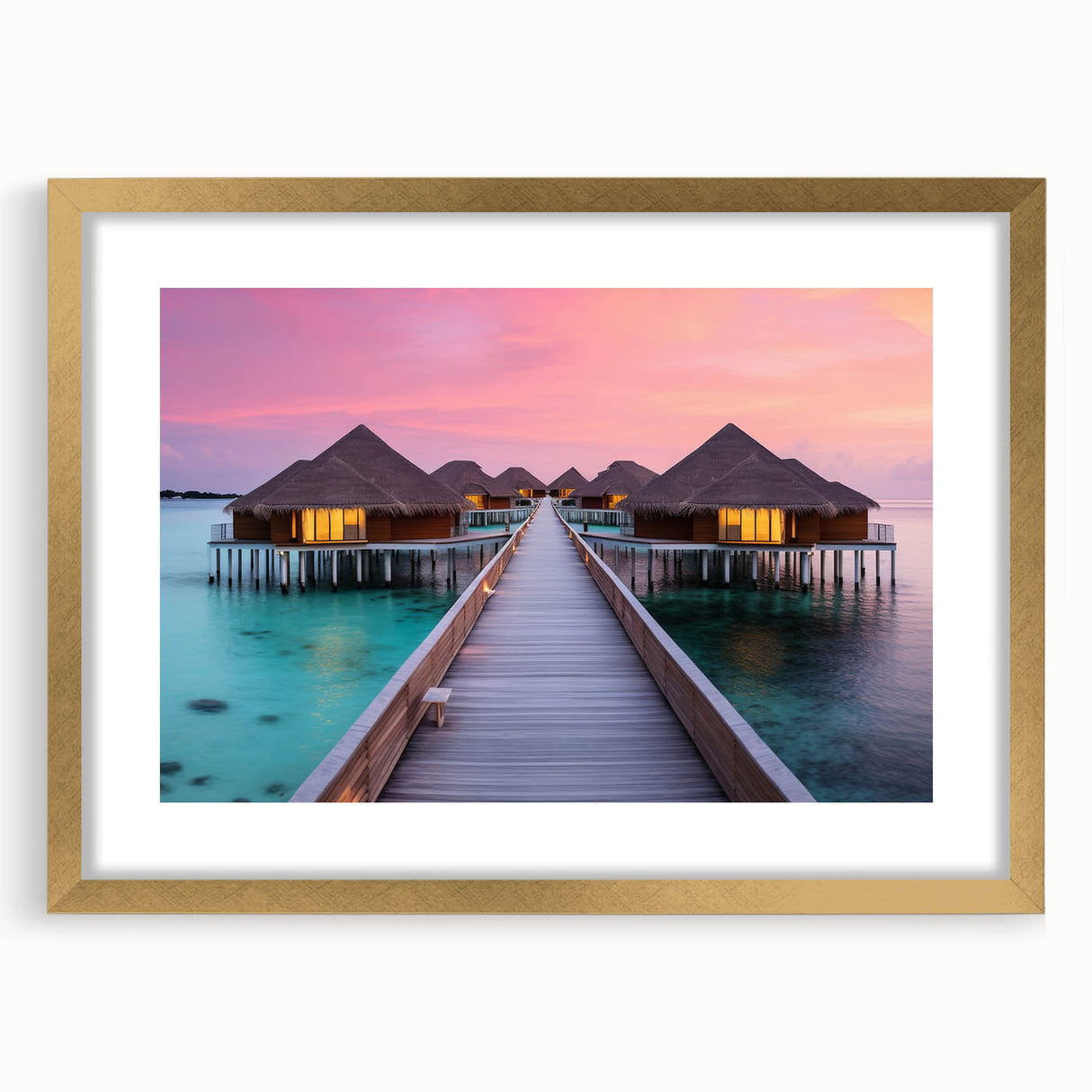 Vintage poster art of Bora Bora with vivid blue waters and lush green islands, in a gold frame, ideal for living room decor.