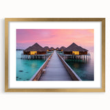 Vintage poster art of Bora Bora with vivid blue waters and lush green islands, in a gold frame, ideal for living room decor.