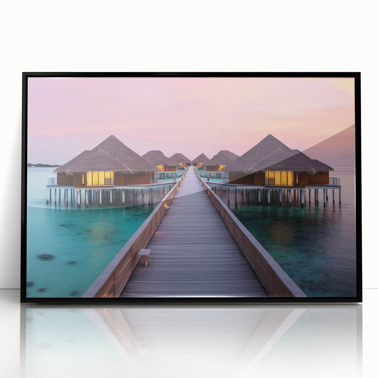 Large abstract wall art featuring serene Bora Bora landscape in muted blue and green tones, framed in black acrylic.