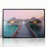 Large abstract wall art featuring serene Bora Bora landscape in muted blue and green tones, framed in black acrylic.