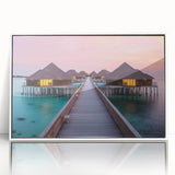 Acrylic print of Bora Bora landscape in soft pastel colors, framed in white, suitable for modern nursery decor.