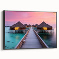 Black and white framed canvas of a Bora Bora landscape, ideal for bedroom wall art.