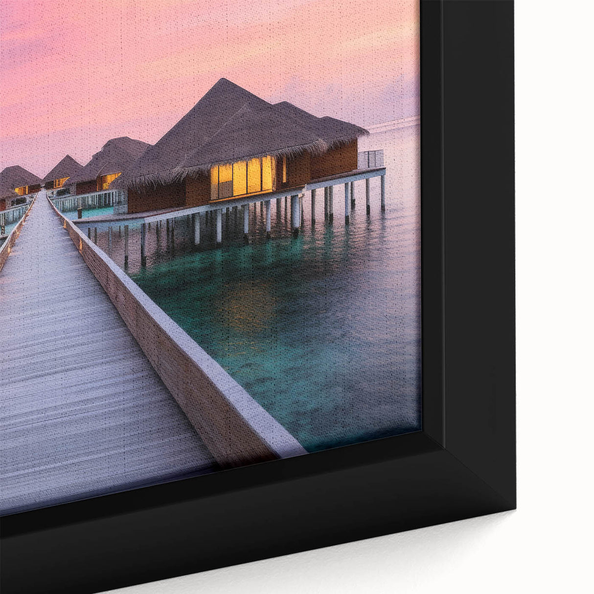 Extra large framed canvas depicting a black and colorful textured art scene of Bora Bora, ideal for living room decor.