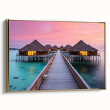 Framed canvas of a vintage-style landscape painting depicting Bora Bora, with muted blue and green tones.