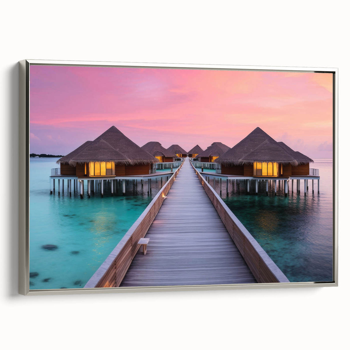 Framed canvas landscape art painting of Bora Bora with vibrant blue waters and lush green islands.