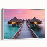 Abstract art print of Bora Bora scenery in pastel shades on framed canvas, ideal for dining room decor.