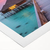 Art deco poster of Bora Bora beach scene on rolled canvas, featuring soft blue and green tones.