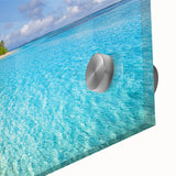 Large abstract wall art featuring a Tahitian landscape in muted blues and greens on acrylic glass, ideal for dining room art.