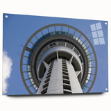 Acrylic print of Auckland skyline in muted blues and grays, suitable for bedroom or dining room decor.