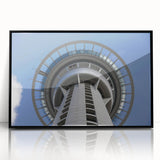 Large abstract wall art of Auckland skyline in muted gray and blue tones on a black framed acrylic.