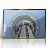 Mid-century modernist Auckland skyline in muted gold tones on a framed acrylic, ideal for modern art wall decor.