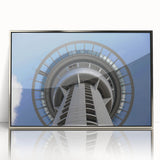 Mid-century modernist art of Auckland skyline in muted blue tones on a silver-framed acrylic print.