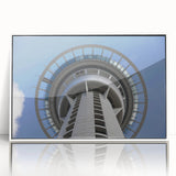 Modern art depiction of Auckland skyline in muted blue tones on a white-framed acrylic print, suitable for nursery wall art.