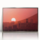 Mid-century modernist art depicting Canterbury, New Zealand scenery in acrylic print with silver frame.