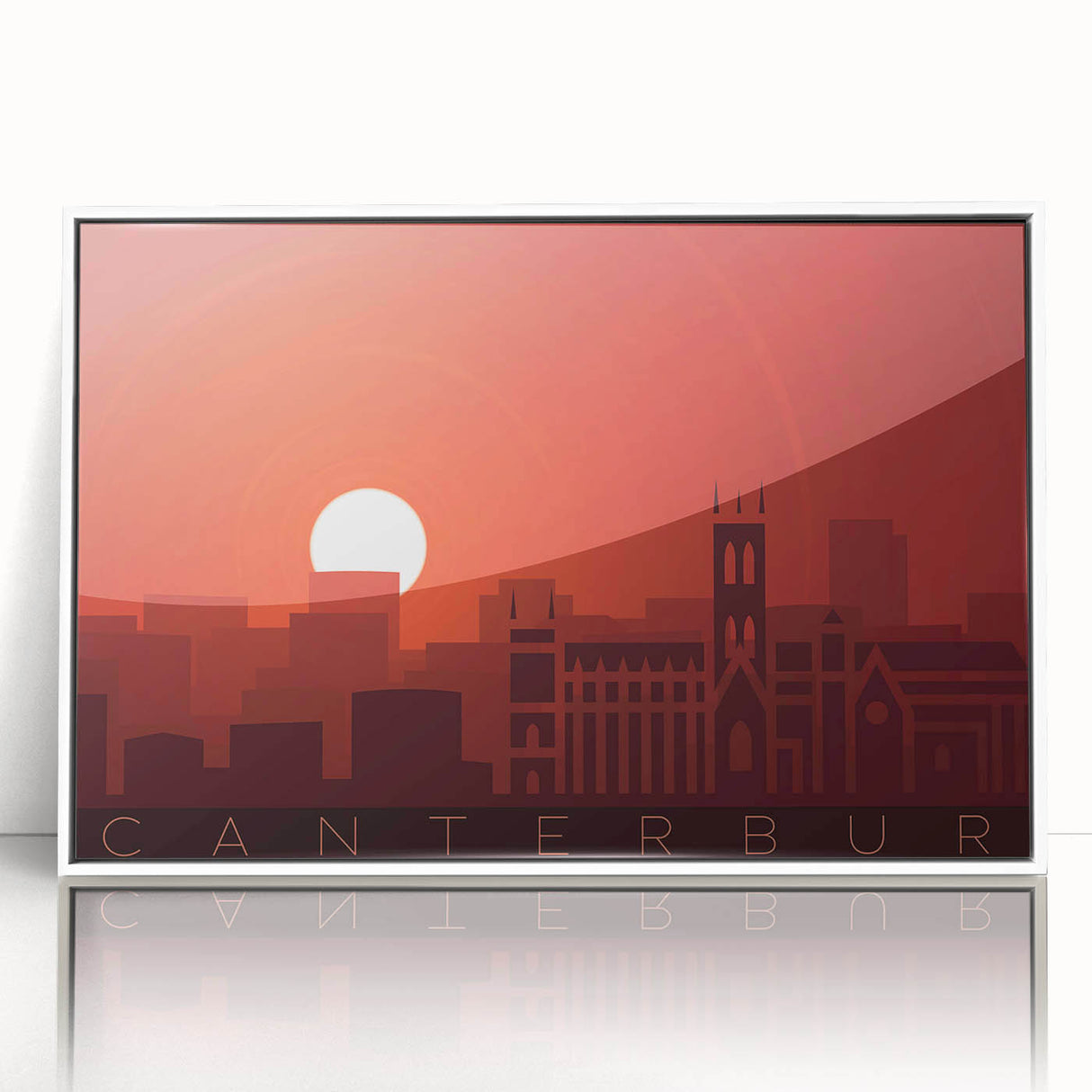 Art Deco poster of Canterbury, New Zealand landscape in muted greens and blues on a white framed acrylic.