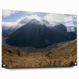 Acrylic print of Otago, New Zealand scenery with blue and green tones, ideal for dining room decor.