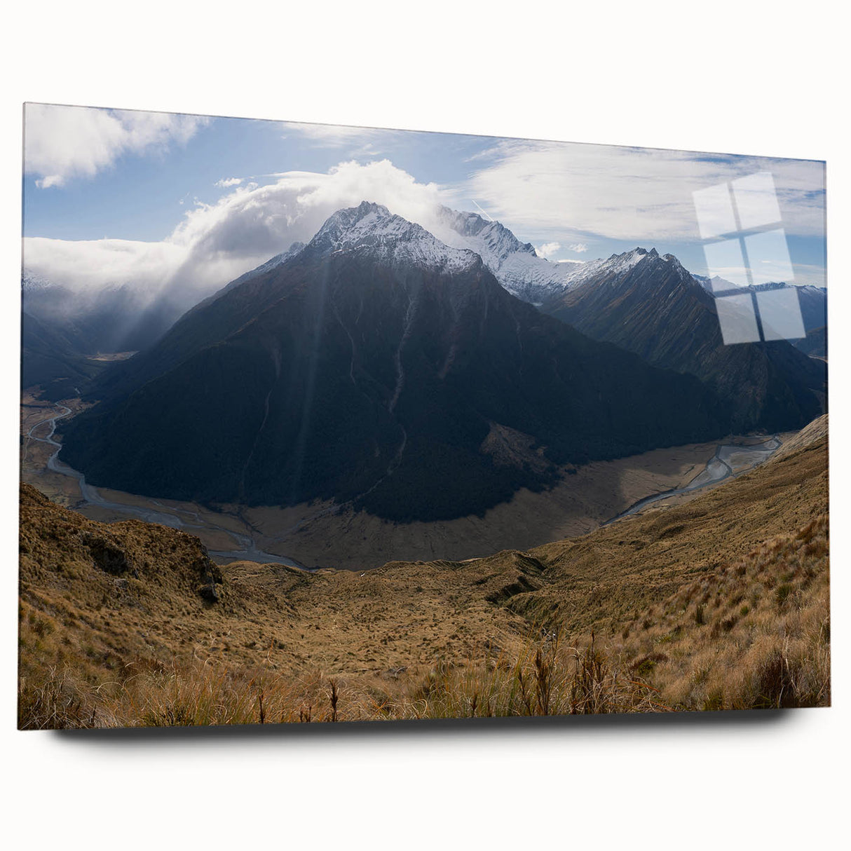 Acrylic print of a serene Otago, New Zealand landscape in muted earth tones, ideal for bedroom or dining room art.