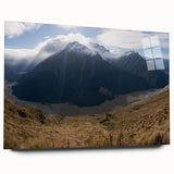 Acrylic print of a serene Otago, New Zealand landscape in muted earth tones, ideal for bedroom or dining room art.
