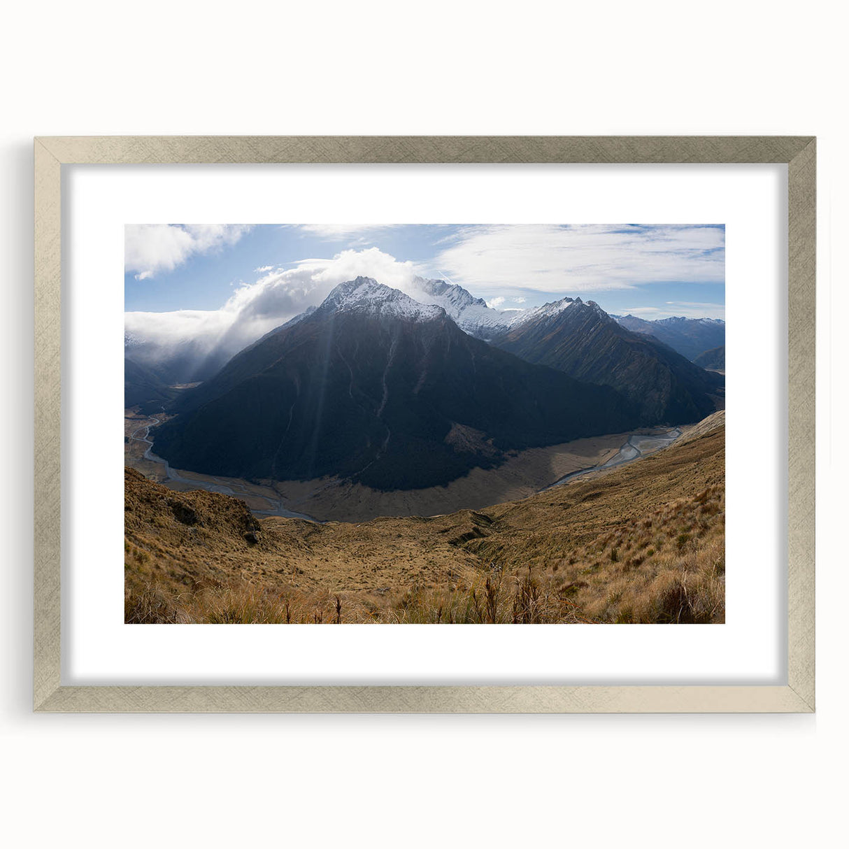 Textured art print of an abstract Otago, New Zealand landscape in muted earth tones on a silver-framed canvas.