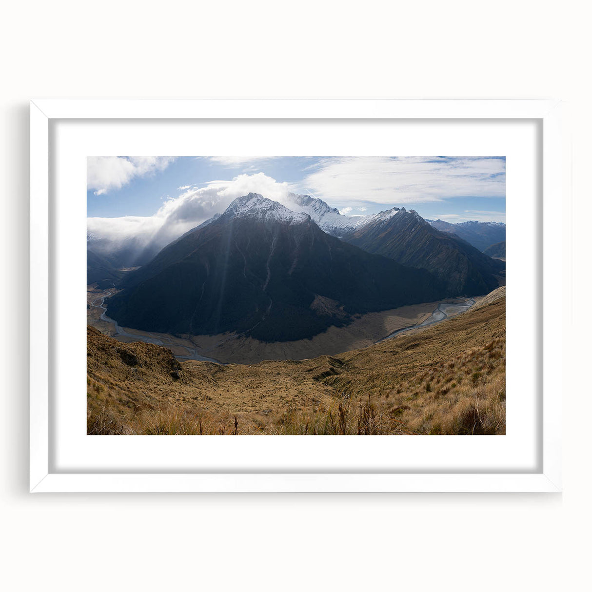 Abstract art print featuring a serene New Zealand Otago landscape in muted earth tones, framed with a white mat.
