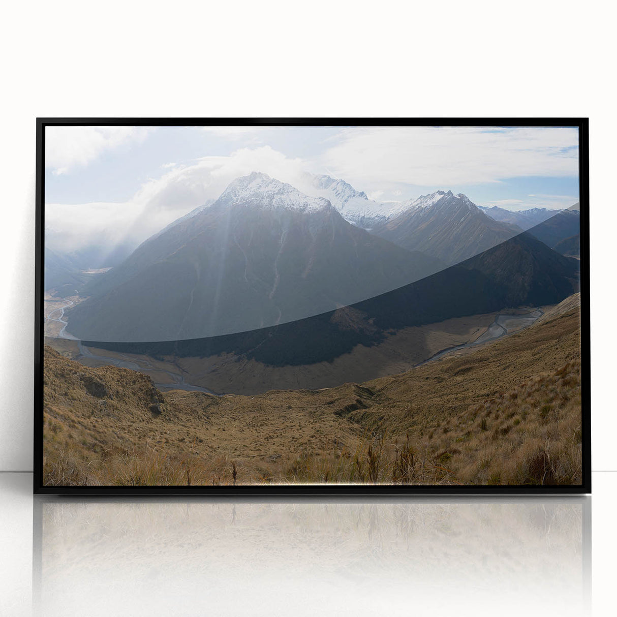 Large abstract wall art depicting a serene New Zealand Otago landscape in muted earth tones, framed in black acrylic.