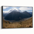 Black and white landscape art of Otago, New Zealand on framed canvas, suitable for bedroom decor.