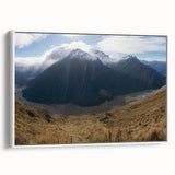 Vintage poster art of Otago, New Zealand landscape in vibrant colors on a large framed canvas, ideal for living room decor.