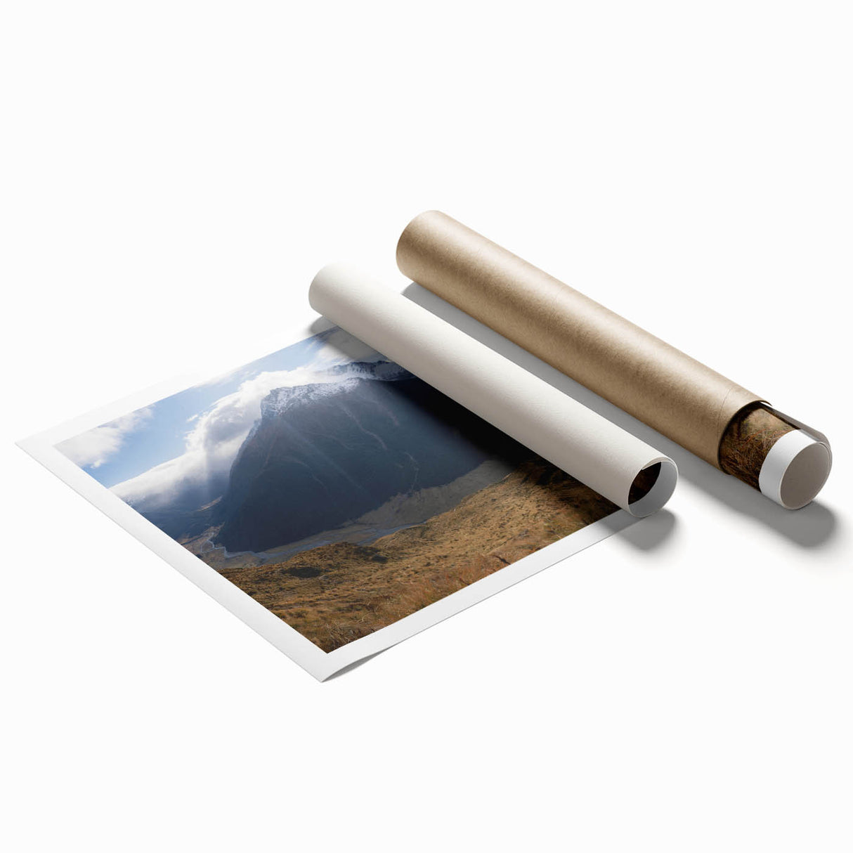 Extra-large rolled print of Otago, New Zealand scenery with lush florals in muted green and blue tones.