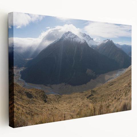 Large art of Otago, New Zealand scenery on stretched canvas, featuring cool blue and green tones, ideal for kitchen wall art.