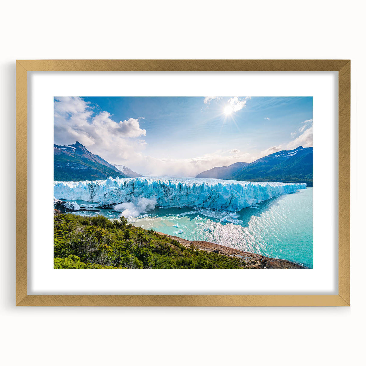 Extra large abstract art print of a textured Argentinian landscape in gold frame, ideal for living room decor.
