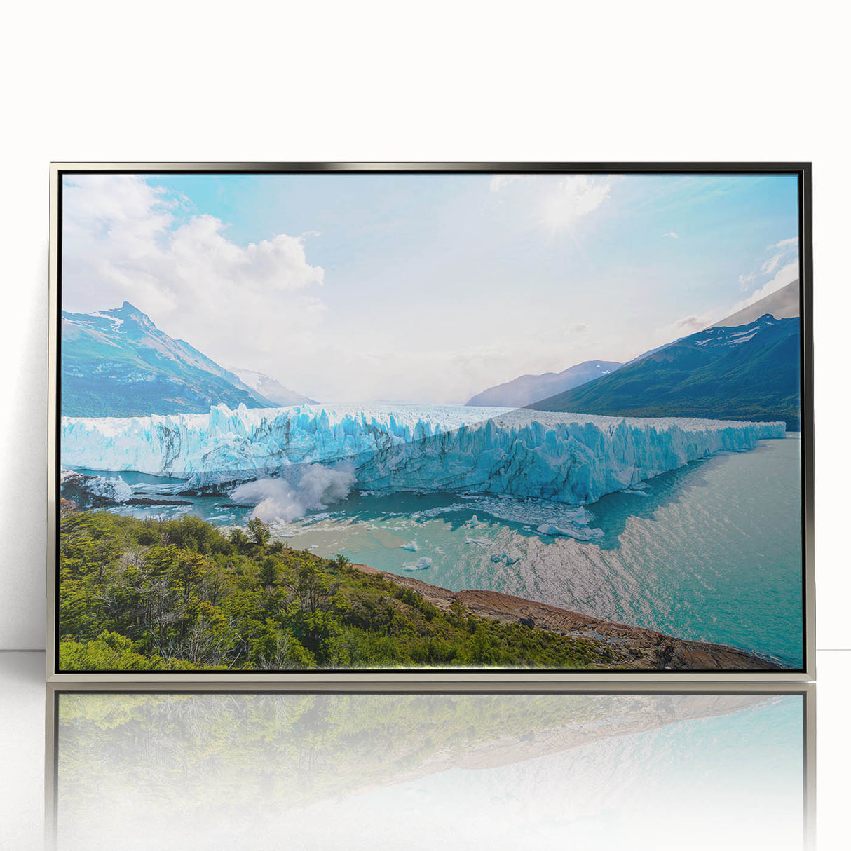 Mid-century modernist art depicting an abstract Argentinian landscape in muted earth tones on a silver-framed acrylic print.