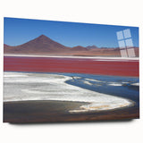 Large abstract depiction of Bolivian landscape on acrylic glass, in vibrant earth tones.