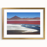 Extra large abstract art print of a Bolivian landscape, in muted earth tones on a textured canvas, framed in gold.