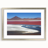 Textured abstract art print of a Bolivian landscape in muted earth tones, framed in silver, ideal for bedroom art.