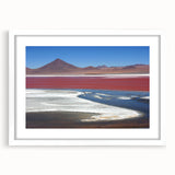 Abstract art print of a Bolivian landscape in muted earth tones on a framed white mat, ideal for dining room decor.