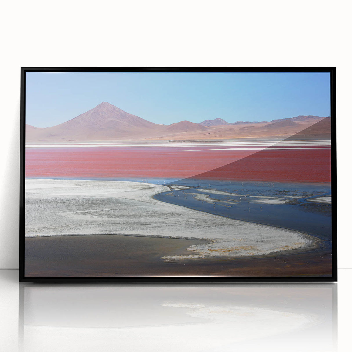 Large abstract wall art depicting a Bolivian landscape in muted earth tones on a framed acrylic.