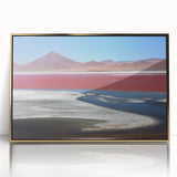 Large art print of a Bolivian landscape in mid-century modernist style, framed in gold acrylic.
