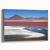 Landscape art painting of a Bolivian scenery on a framed canvas, featuring vibrant colors against a black background.