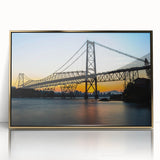 Mid-century modernist acrylic print of a Brazilian landscape, featuring lush greenery and mountains, in a gold frame.