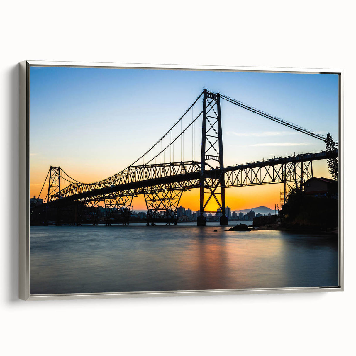Landscape art painting of a Brazilian scenery on framed canvas, featuring vibrant colors on a black background.