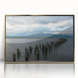 Large art print of Santiago skyline in gold and blue tones on a framed acrylic, ideal for modern art wall decor.