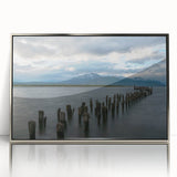 Mid-century modernist art depicting Santiago, Chile skyline in muted earth tones on a silver-framed acrylic print.