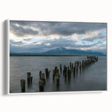 Vintage poster art of Santiago, Chile skyline in colorful hues on a white-framed canvas, ideal for living room decor.