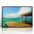 Large abstract wall art depicting a colorful Colombian landscape on a black framed acrylic.