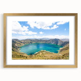 Extra large abstract art print of a textured South American scenery in muted earth tones, framed in gold.