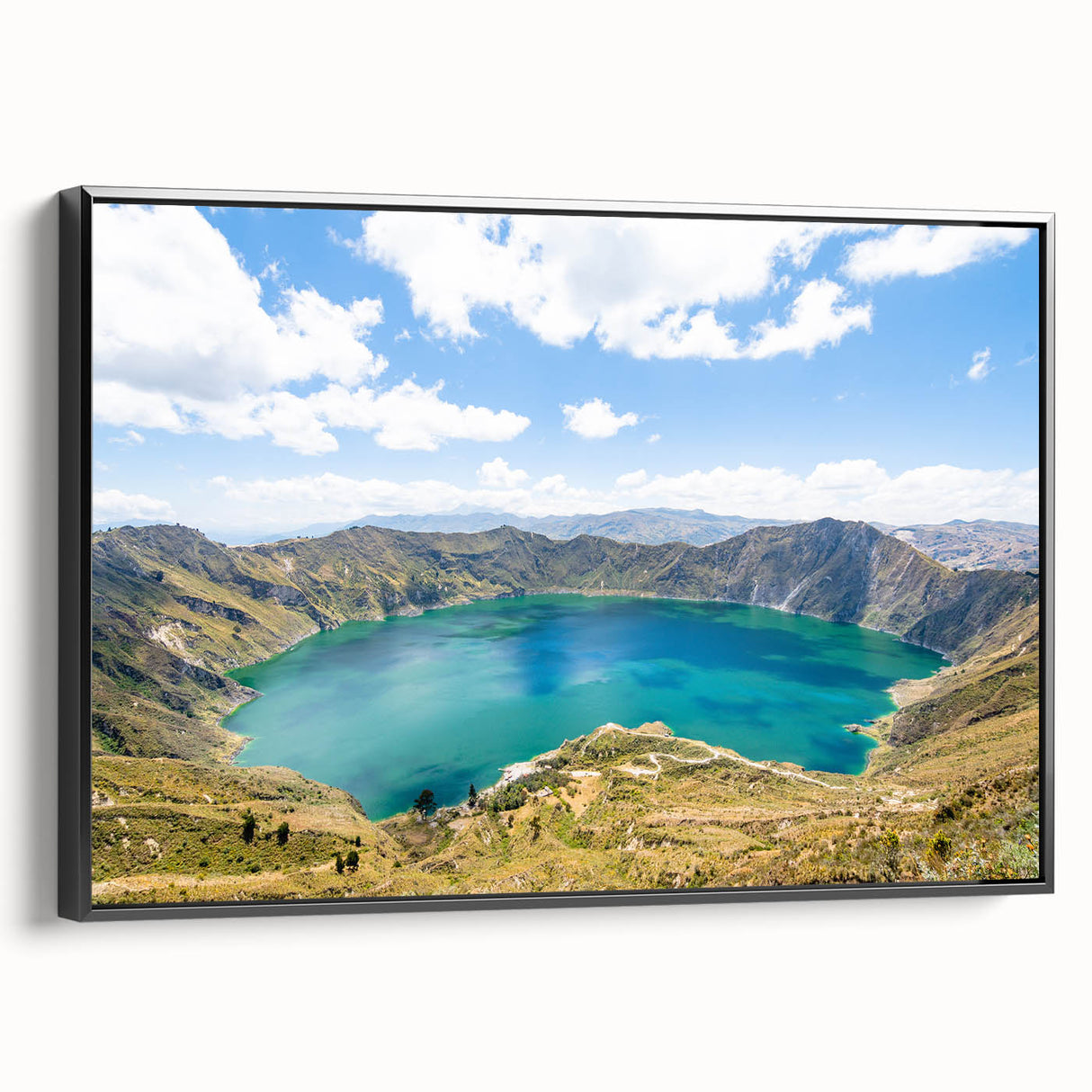 Black and white framed canvas of a vintage landscape painting depicting South America, ideal for bedroom wall art.
