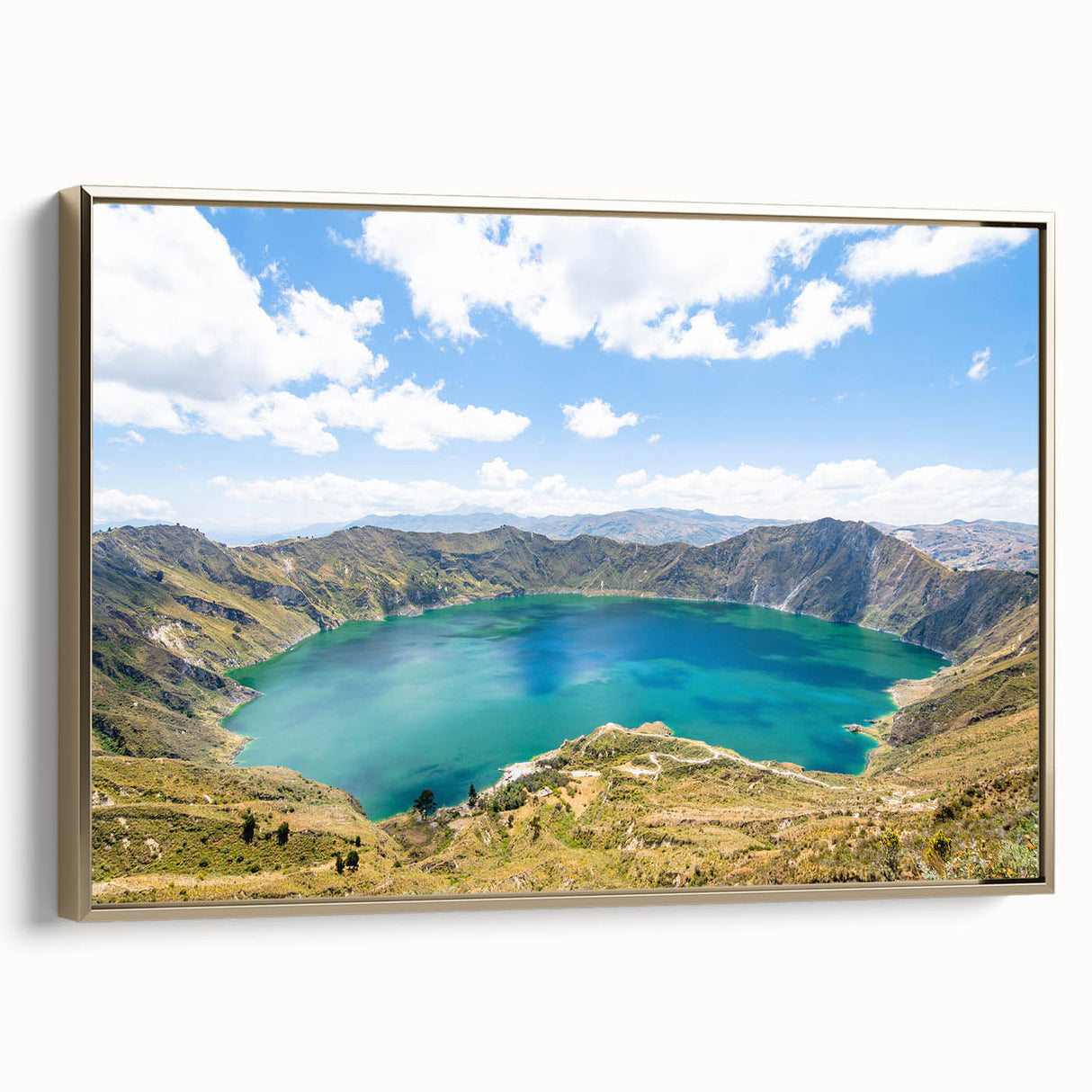 Framed canvas wall art depicting a vintage-style Ecuadorian landscape in muted gold and black tones, ideal for bedroom decor.