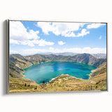 Framed canvas featuring a vintage-style landscape painting of a South American scene in vibrant, colorful hues.