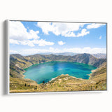 Vintage poster art of a scenic Ecuador landscape in vibrant colors on a white-framed canvas, ideal for living room decor.