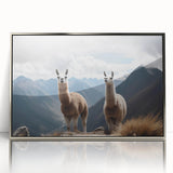 Mid-century modernist art depicting a serene Peruvian landscape in muted earth tones, framed in silver acrylic.